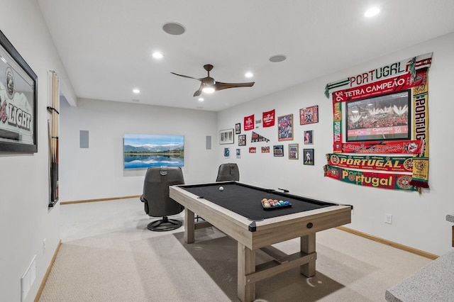 rec room featuring a ceiling fan, carpet flooring, recessed lighting, baseboards, and billiards