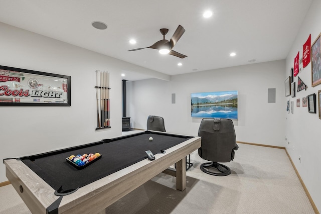 game room with a ceiling fan, carpet flooring, baseboards, recessed lighting, and pool table