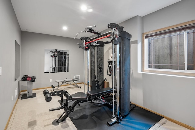 workout room featuring baseboards, carpet, and recessed lighting