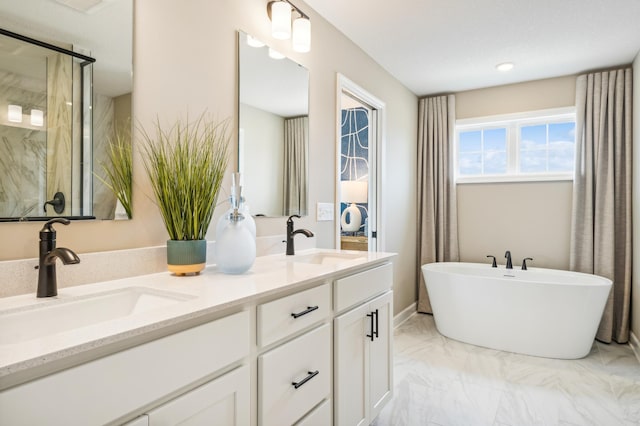 full bathroom with a marble finish shower, marble finish flooring, double vanity, and a soaking tub