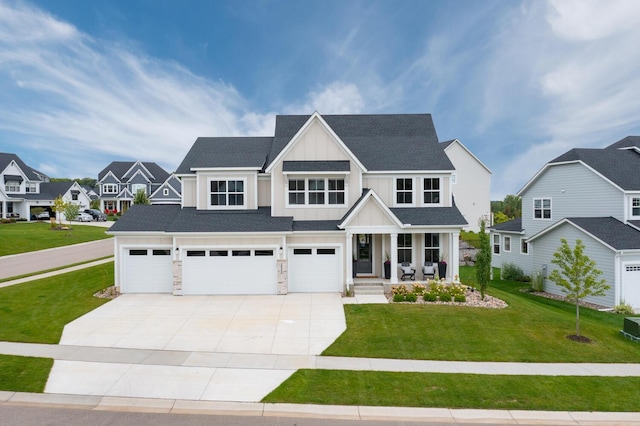 view of front of home featuring board and batten siding, driveway, a porch, a garage, and a front lawn