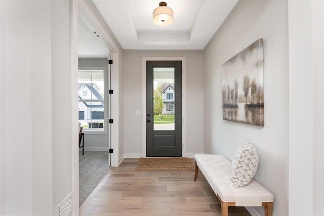 entryway with light wood-style floors, a tray ceiling, and baseboards