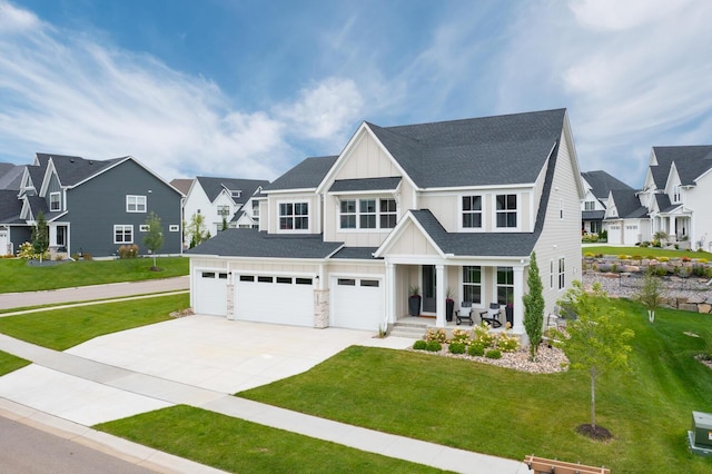 view of front facade with board and batten siding, a residential view, covered porch, concrete driveway, and an attached garage