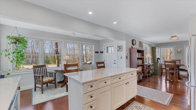 65770 Big Pine Rd, Finlayson, MN 55735 - kitchen with plenty of natural light, dark wood-style floors, light countertops, freestanding refrigerator, and recessed lighting