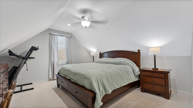 65770 Big Pine Rd, Finlayson, MN 55735 - bedroom featuring lofted ceiling, light carpet, and a ceiling fan