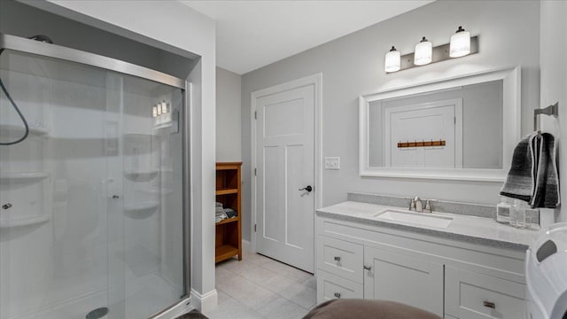 65770 Big Pine Rd, Finlayson, MN 55735 - full bathroom featuring a stall shower, vanity, and tile patterned flooring