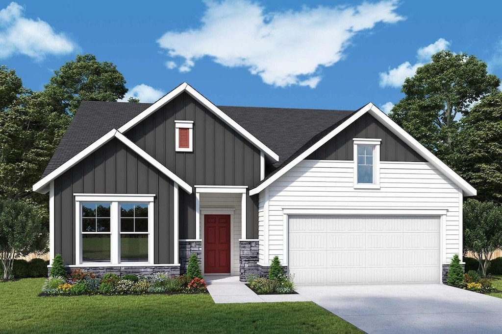 view of front of house with board and batten siding, stone siding, concrete driveway, and roof with shingles