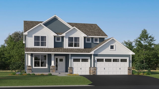 craftsman inspired home featuring asphalt driveway, roof with shingles, a front yard, stone siding, and an attached garage
