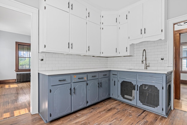 604 Asbury St, Saint Paul, MN 55104 - kitchen with radiator, a sink, gray cabinets, dark wood-style flooring, and light countertops
