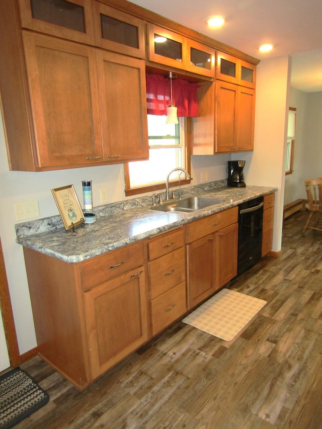 318 3rd St, Dawson, MN 56232 - kitchen with dishwasher, a sink, dark wood-type flooring, glass insert cabinets, and brown cabinetry