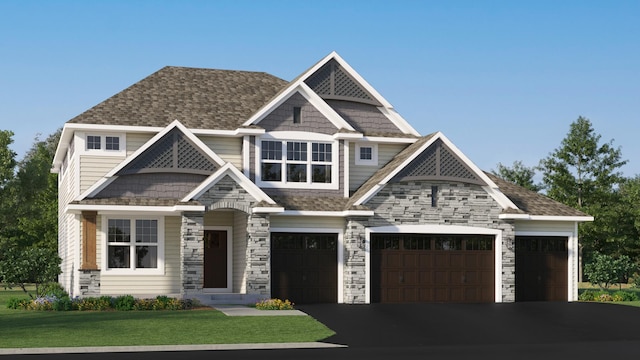 15710 112th Ave N, Dayton, MN 55369 - view of front of home with asphalt driveway, stone siding, a front yard, and a garage