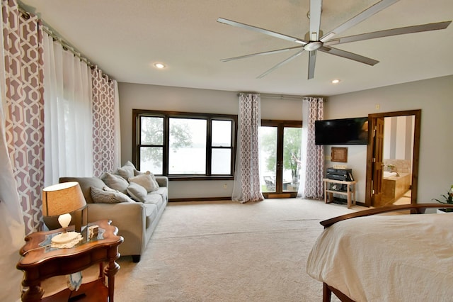 5151 99th Ave, Clear Lake, MN 55319 - bedroom featuring light colored carpet, recessed lighting, baseboards, ensuite bathroom, and ceiling fan