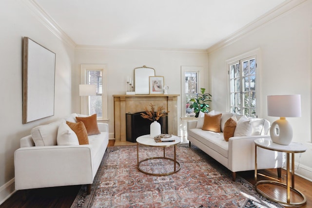 living room featuring wood finished floors, crown molding, a fireplace, and baseboards