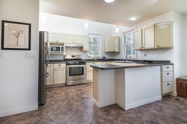15126 Tumuli Rd, Dalton, MN 56324 - kitchen featuring appliances with stainless steel finishes, a peninsula, baseboards, under cabinet range hood, and cream cabinetry