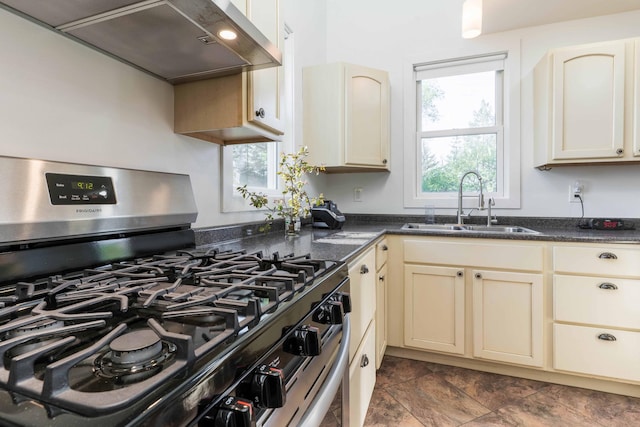15126 Tumuli Rd, Dalton, MN 56324 - kitchen featuring gas range, exhaust hood, cream cabinets, a sink, and healthy amount of natural light