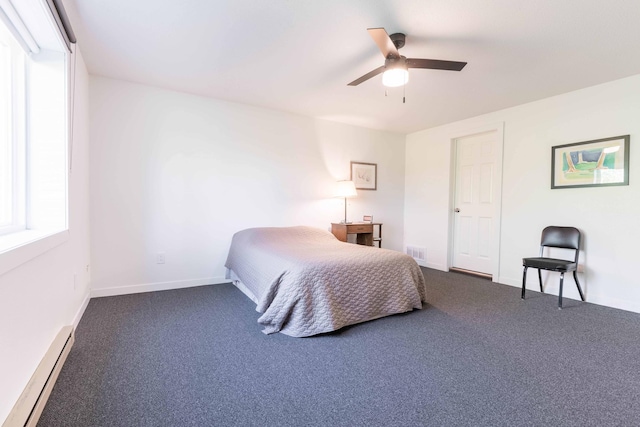 15126 Tumuli Rd, Dalton, MN 56324 - carpeted bedroom featuring a baseboard radiator, a ceiling fan, and baseboards