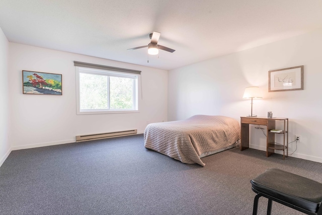 15126 Tumuli Rd, Dalton, MN 56324 - bedroom with baseboard heating, carpet, baseboards, and a ceiling fan