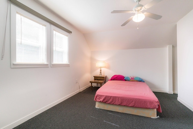 15126 Tumuli Rd, Dalton, MN 56324 - bedroom with vaulted ceiling, baseboards, carpet, and a ceiling fan