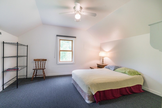 15126 Tumuli Rd, Dalton, MN 56324 - carpeted bedroom featuring vaulted ceiling, ceiling fan, and baseboards