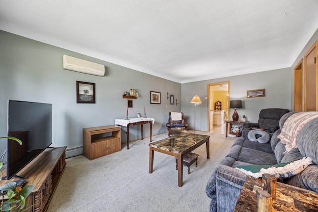 living area featuring a wall unit AC, light carpet, and baseboard heating