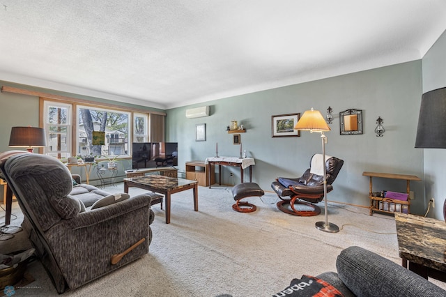 living area with a wall mounted AC and carpet flooring