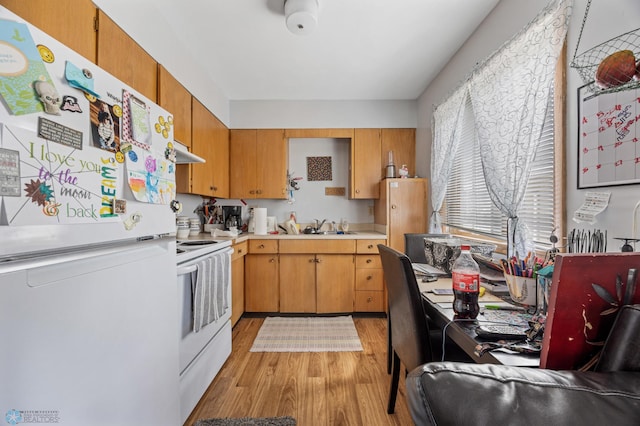 kitchen with white appliances, light wood-style flooring, under cabinet range hood, light countertops, and a sink