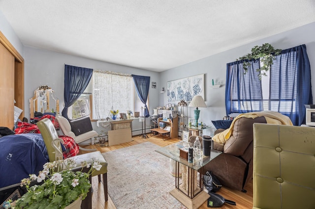 living area featuring wood finished floors, a textured ceiling, and a baseboard heating unit