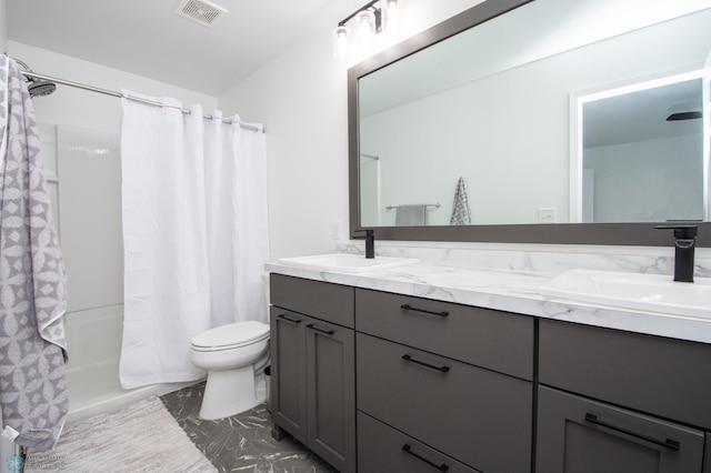 full bathroom with toilet, double vanity, marble look tiles, and shower / bath combination with curtain