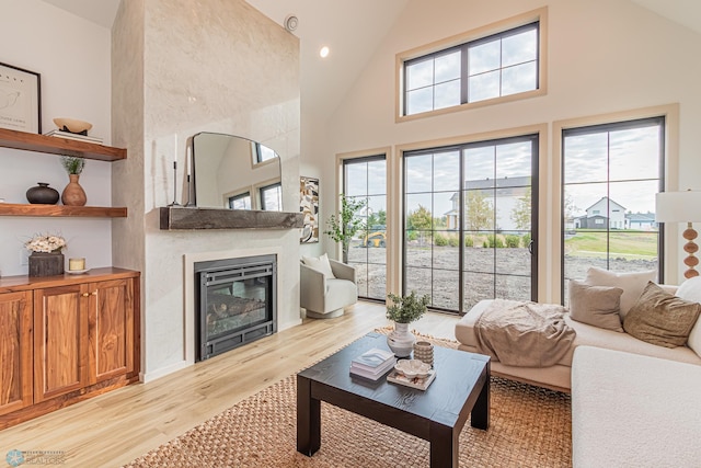 8820 Northern Lights Ave, Fargo, ND 58047 - living area featuring light wood-style flooring, high vaulted ceiling, and a large fireplace