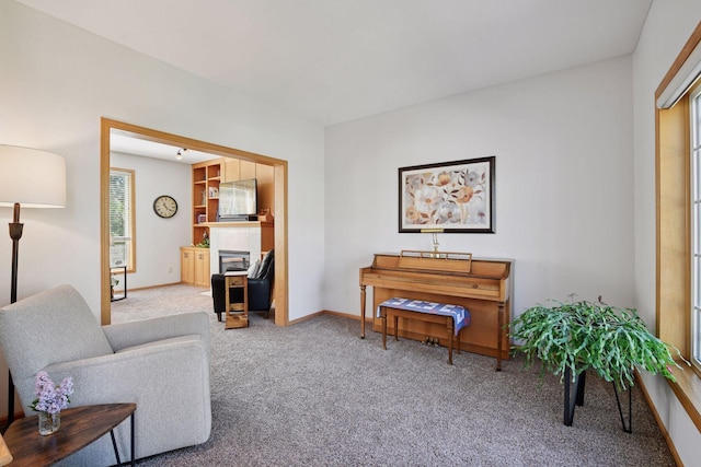 2011 Silver St, Waconia, MN 55387 - living room featuring carpet, a fireplace, and baseboards