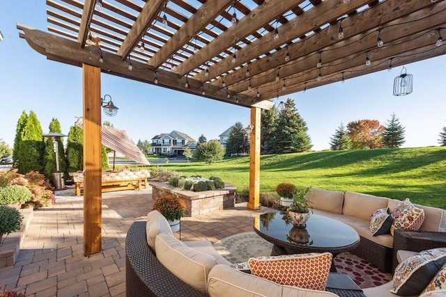 view of patio with a pergola and outdoor lounge area