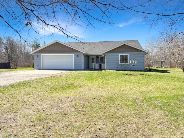 single story home with driveway, a garage, a front lawn, and roof with shingles