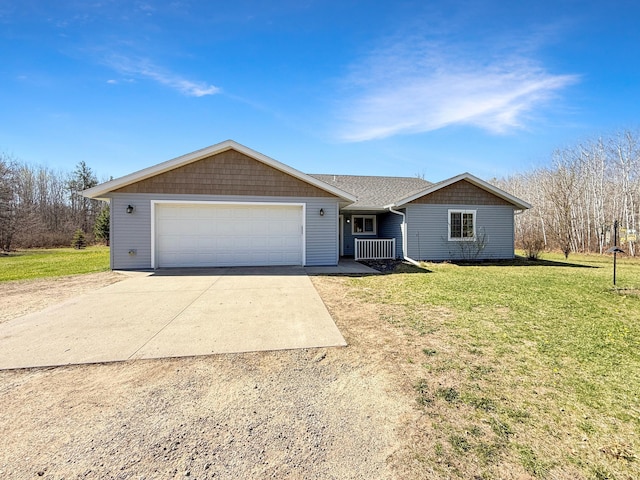 ranch-style home with a front yard, dirt driveway, and an attached garage