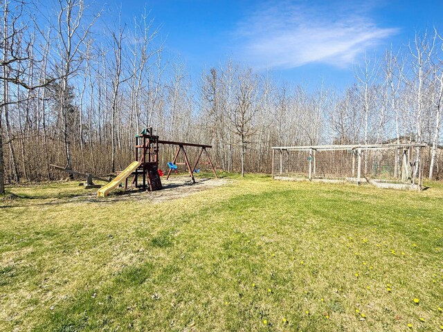 view of green lawn with a playground