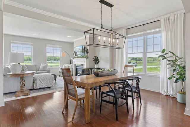 343 Primrose Path, Bayport, MN 55003 - dining room with crown molding, dark wood-style flooring, a chandelier, a warm lit fireplace, and baseboards