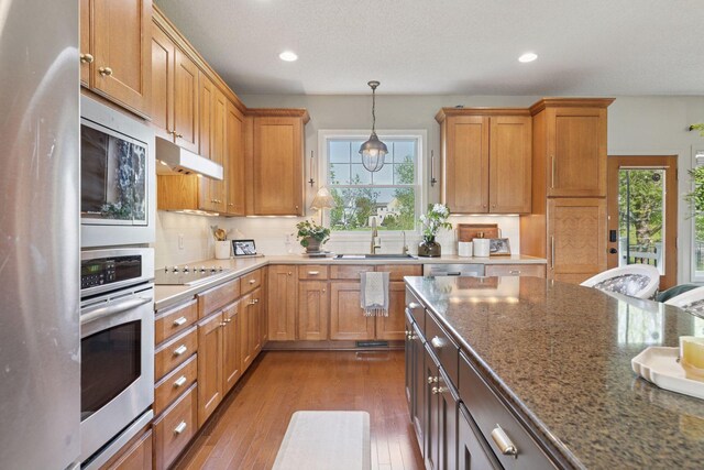 343 Primrose Path, Bayport, MN 55003 - kitchen with appliances with stainless steel finishes, a sink, under cabinet range hood, dark wood-style floors, and hanging light fixtures