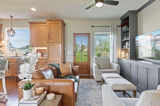 343 Primrose Path, Bayport, MN 55003 - living area with wood finished floors, a textured ceiling, ceiling fan, healthy amount of natural light, and recessed lighting