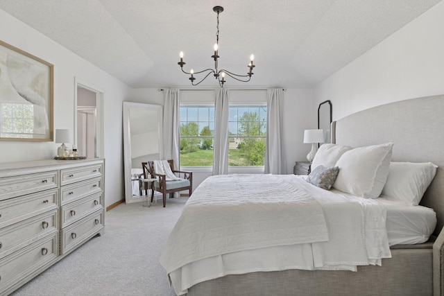 343 Primrose Path, Bayport, MN 55003 - bedroom featuring a chandelier, vaulted ceiling, and light carpet