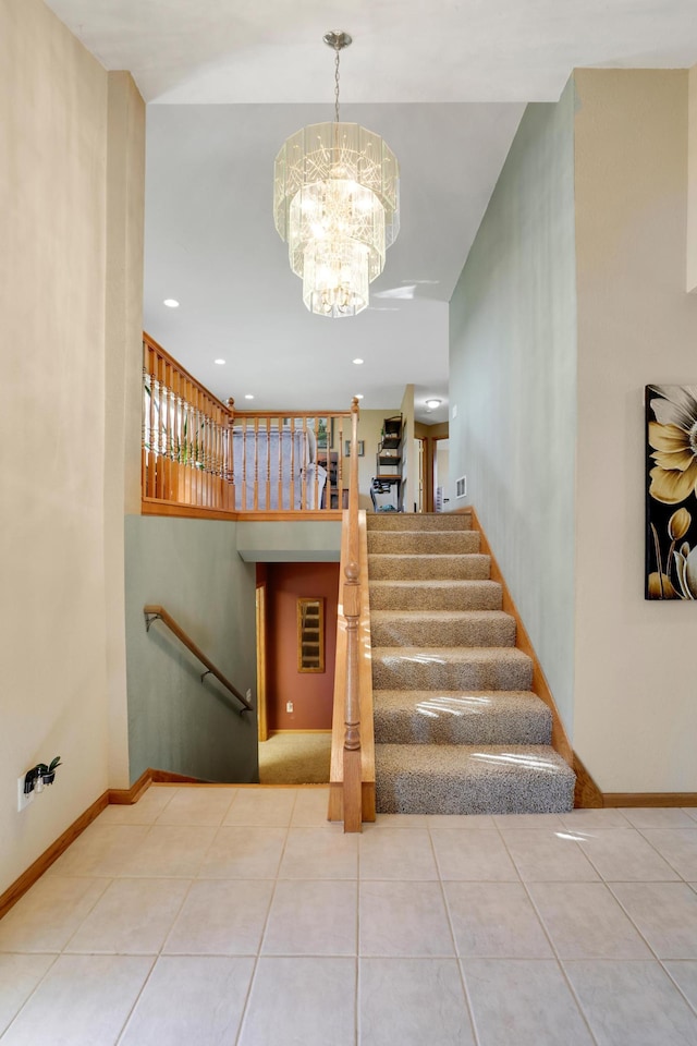 4954 Jeffers Ct, Lonsdale, MN 55046 - stairs featuring a chandelier, tile patterned flooring, baseboards, and recessed lighting