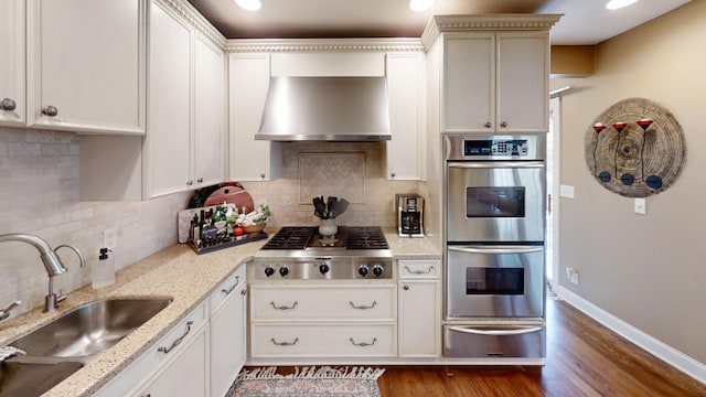 kitchen with a warming drawer, stainless steel appliances, a sink, ventilation hood, and dark wood-style floors