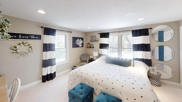 bedroom with carpet, baseboards, and recessed lighting