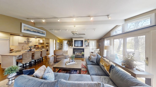 living area with track lighting, vaulted ceiling, wood finished floors, a ceiling fan, and a glass covered fireplace