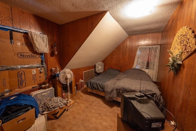 4448 43rd Ave S, Minneapolis, MN 55406 - carpeted bedroom with wooden walls, lofted ceiling, and a textured ceiling