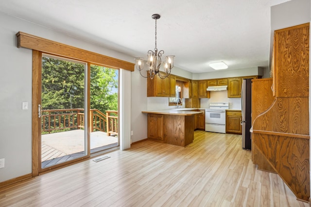 kitchen featuring electric range, a peninsula, brown cabinets, and light countertops