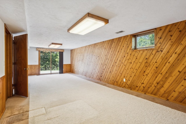carpeted empty room featuring wood walls, plenty of natural light, a textured ceiling, and wainscoting