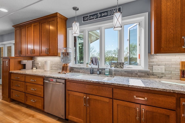 19776 214th Ave NW, Big Lake Twp, MN 55309 - kitchen with dishwasher, a sink, brown cabinetry, pendant lighting, and backsplash