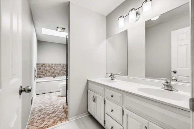 14716 Oak Run Ln, Burnsville, MN 55306 - full bath with double vanity, a tub, and a skylight