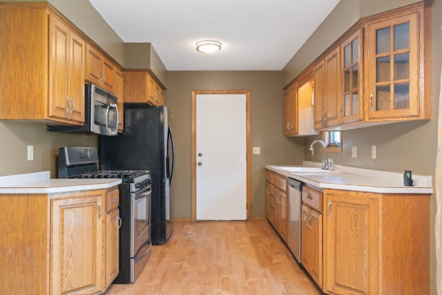 kitchen featuring appliances with stainless steel finishes, a sink, light wood-style floors, and light countertops
