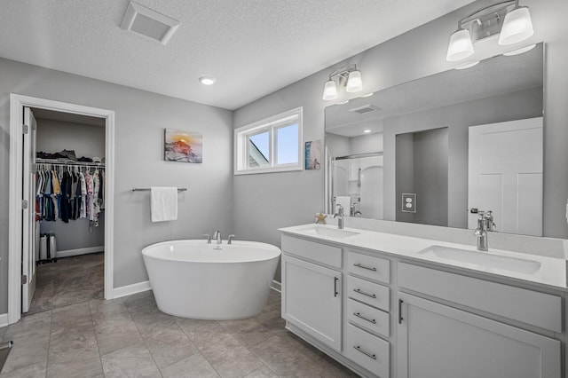 104 Hummingbird Way, Delano, MN 55328 - bathroom with double vanity, a spacious closet, a stall shower, a soaking tub, and a textured ceiling