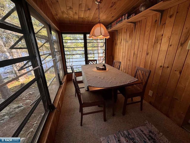 dining space featuring wooden ceiling, wood walls, and dark carpet